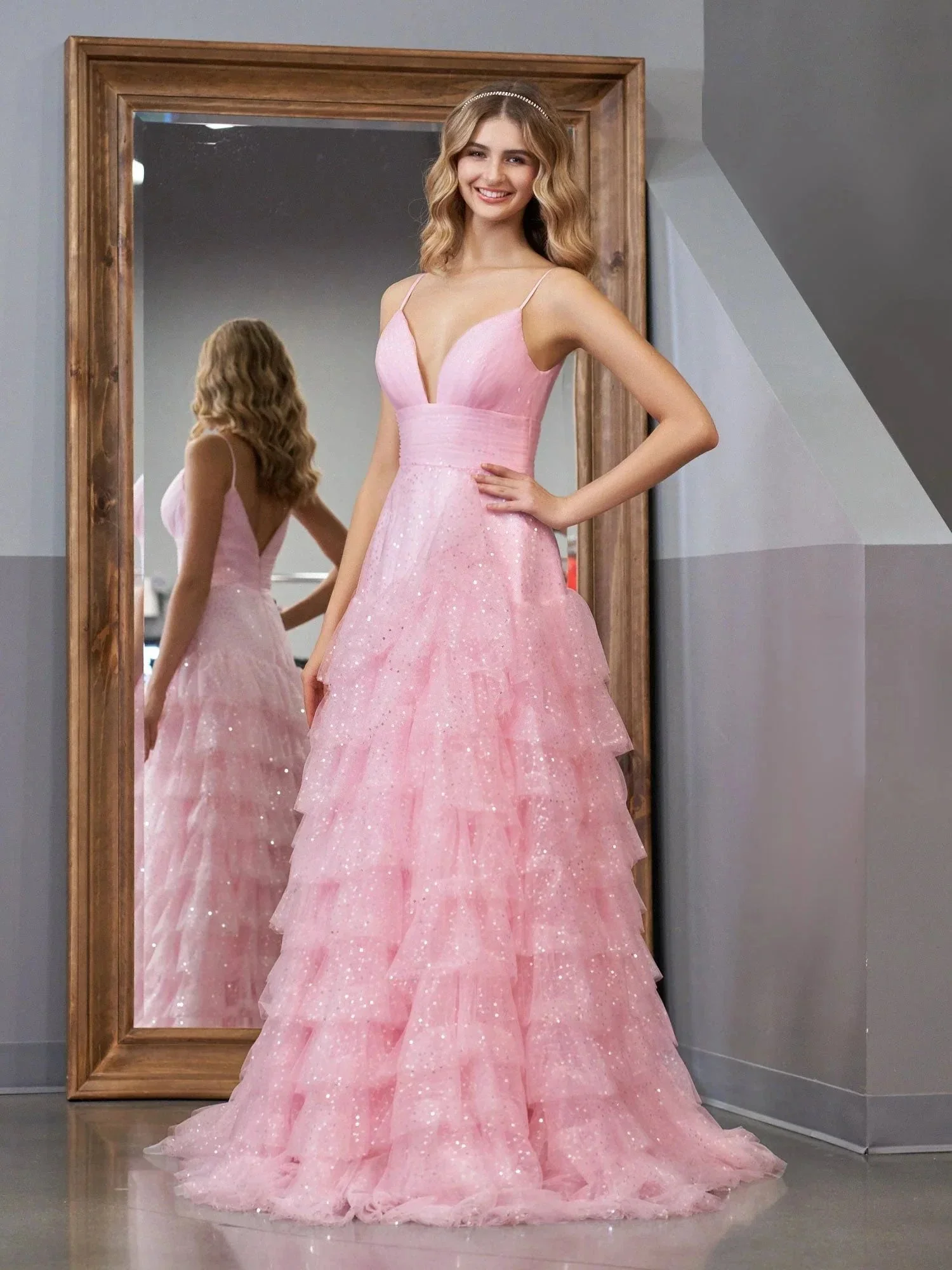Alianna | Light Pink A-Line Tiered Spaghetti Straps Tulle Prom Dress - Image 5