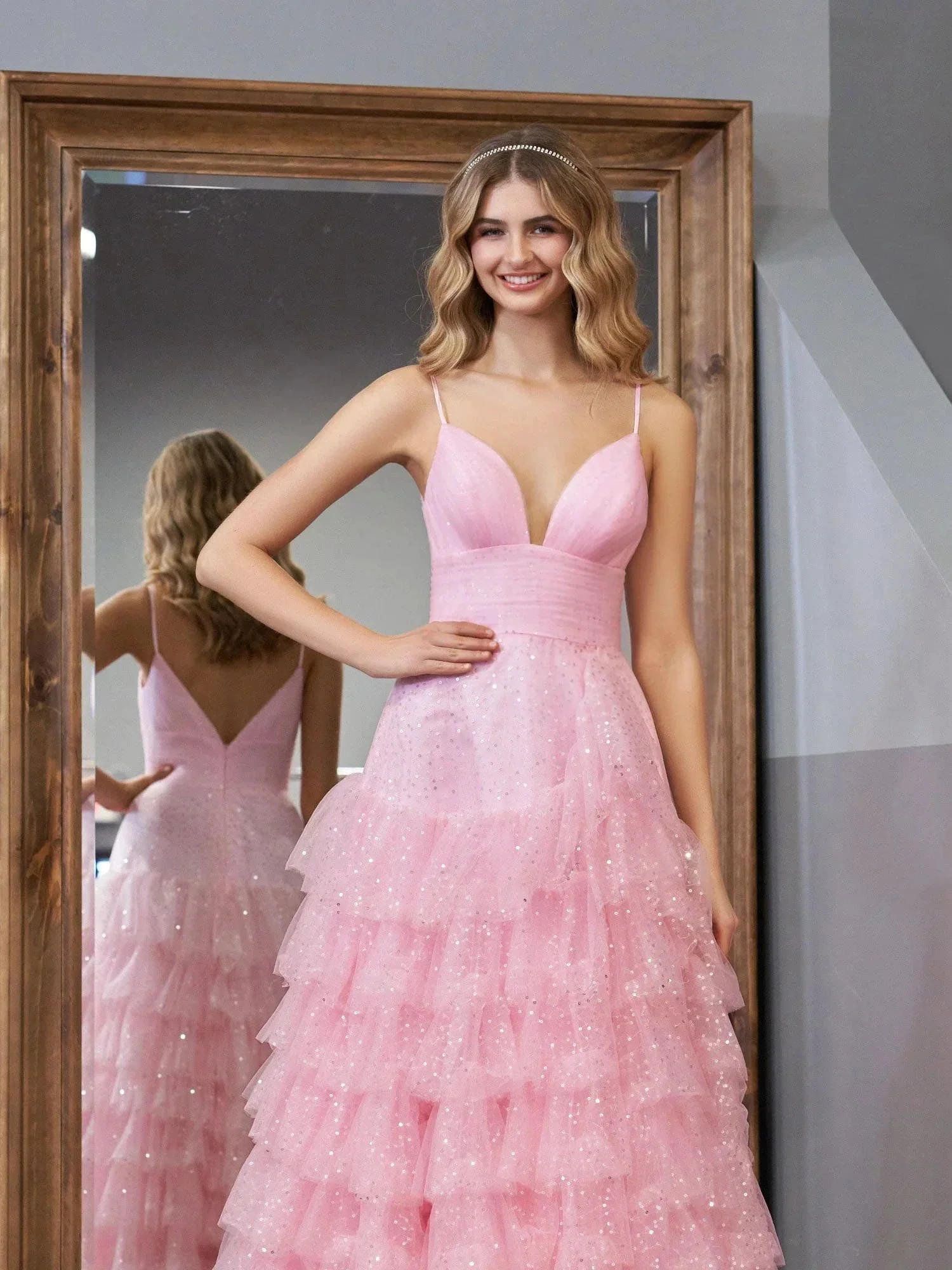 Alianna | Light Pink A-Line Tiered Spaghetti Straps Tulle Prom Dress - Image 6