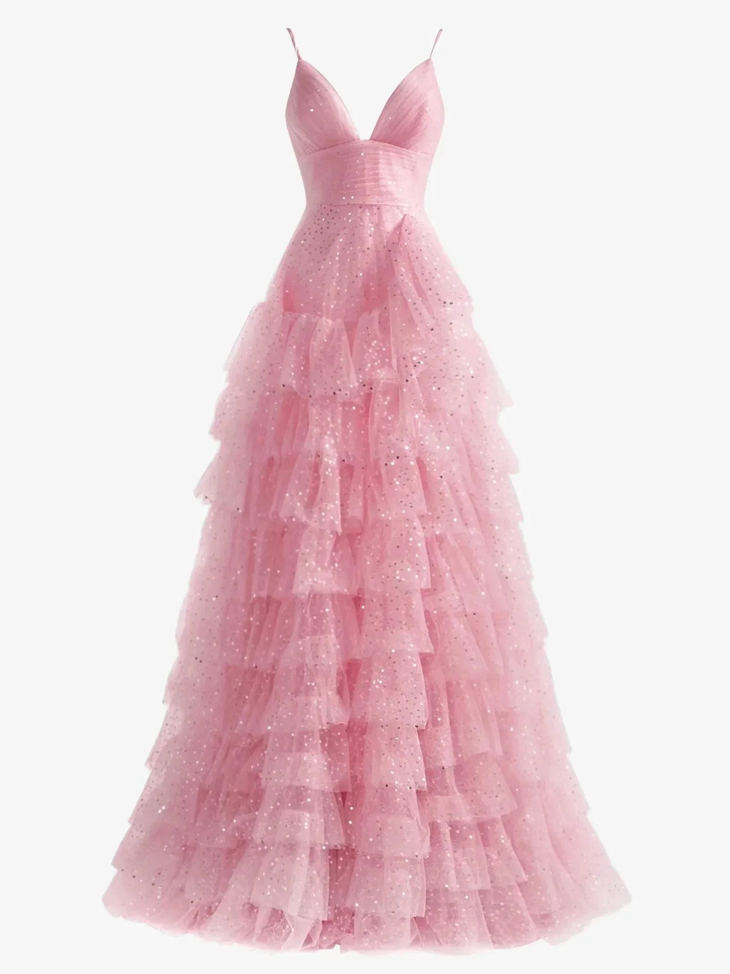 Alianna | Light Pink A-Line Tiered Spaghetti Straps Tulle Prom Dress - Image 7