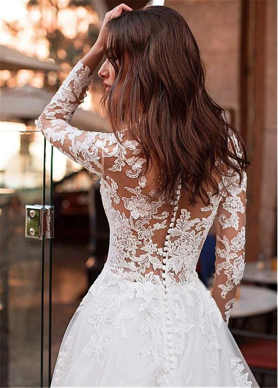 Sunnderly Attractive Tulle Jewel Neckline See-through Bodice A-line Wedding Dress With Lace Appliques & Beadings Long Sleeves Bridal Dress - Image 2