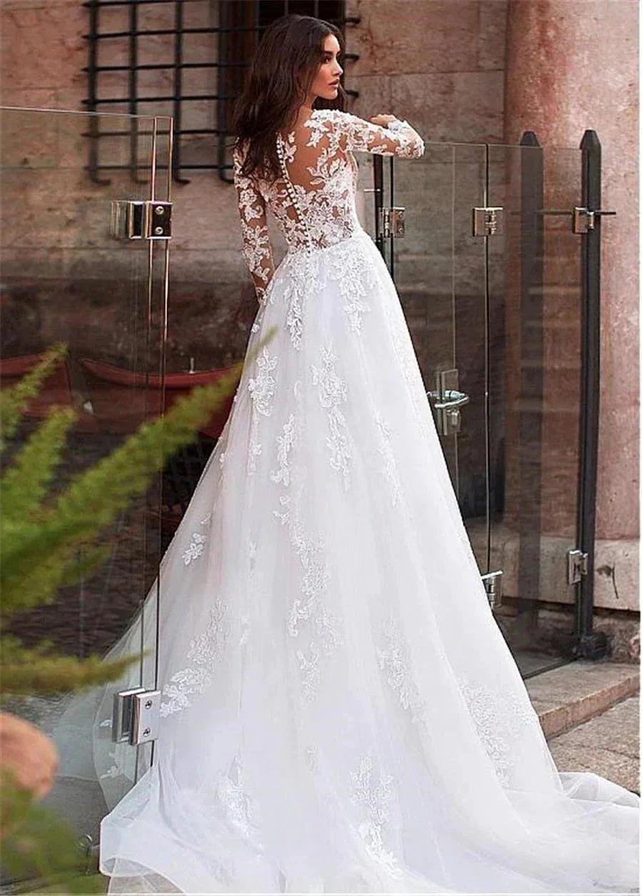 Sunnderly Attractive Tulle Jewel Neckline See-through Bodice A-line Wedding Dress With Lace Appliques & Beadings Long Sleeves Bridal Dress - Image 3