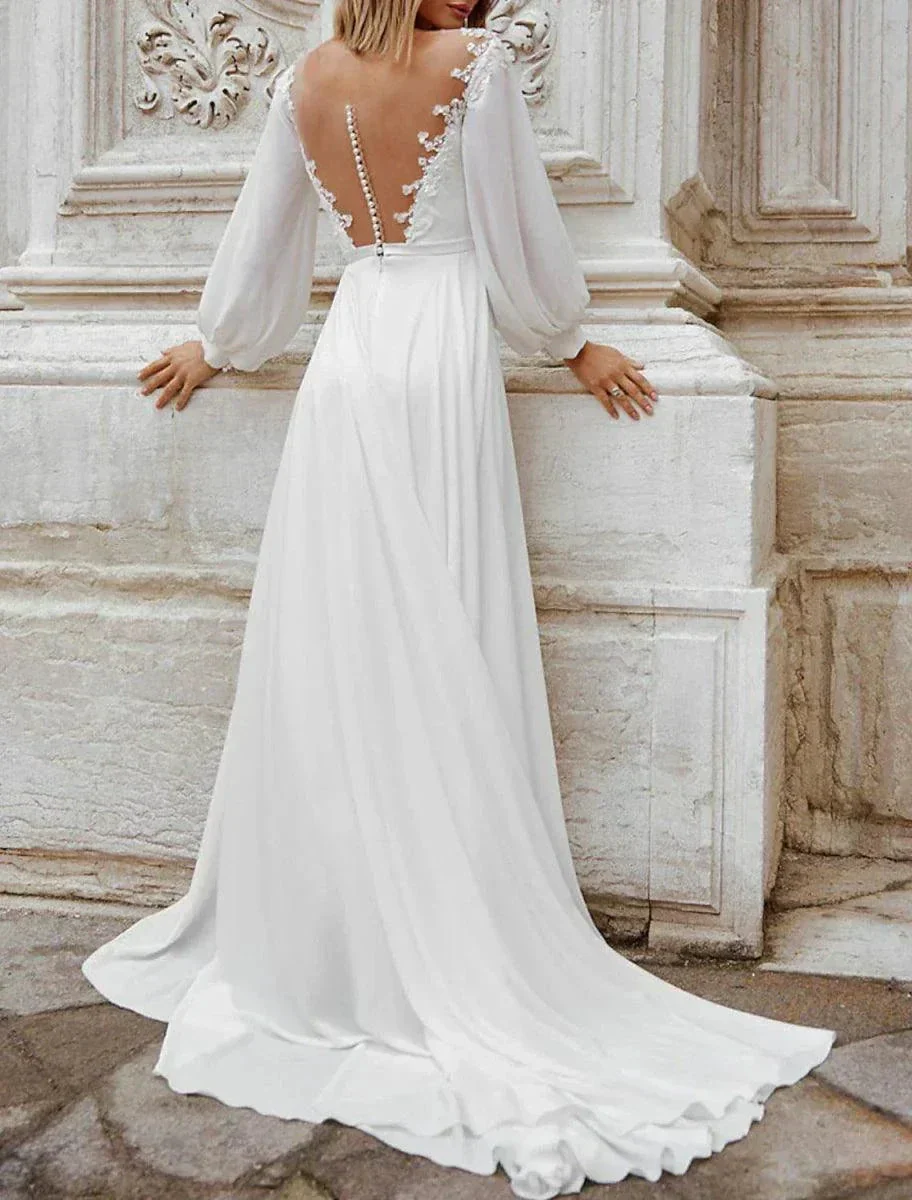 Beach Fall Wedding Dresses A-Line Off Shoulder Long Sleeve Court Train Chiffon Bridal Gowns With Appliques Solid Color - Image 2