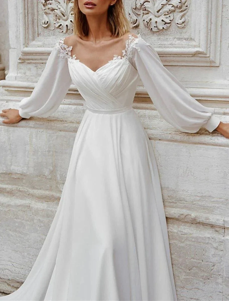 Beach Fall Wedding Dresses A-Line Off Shoulder Long Sleeve Court Train Chiffon Bridal Gowns With Appliques Solid Color - Image 3
