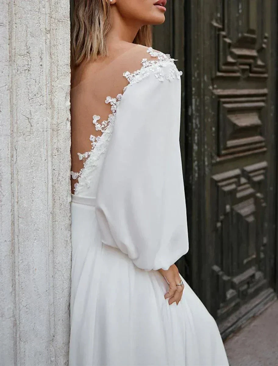 Beach Fall Wedding Dresses A-Line Off Shoulder Long Sleeve Court Train Chiffon Bridal Gowns With Appliques Solid Color - Image 4