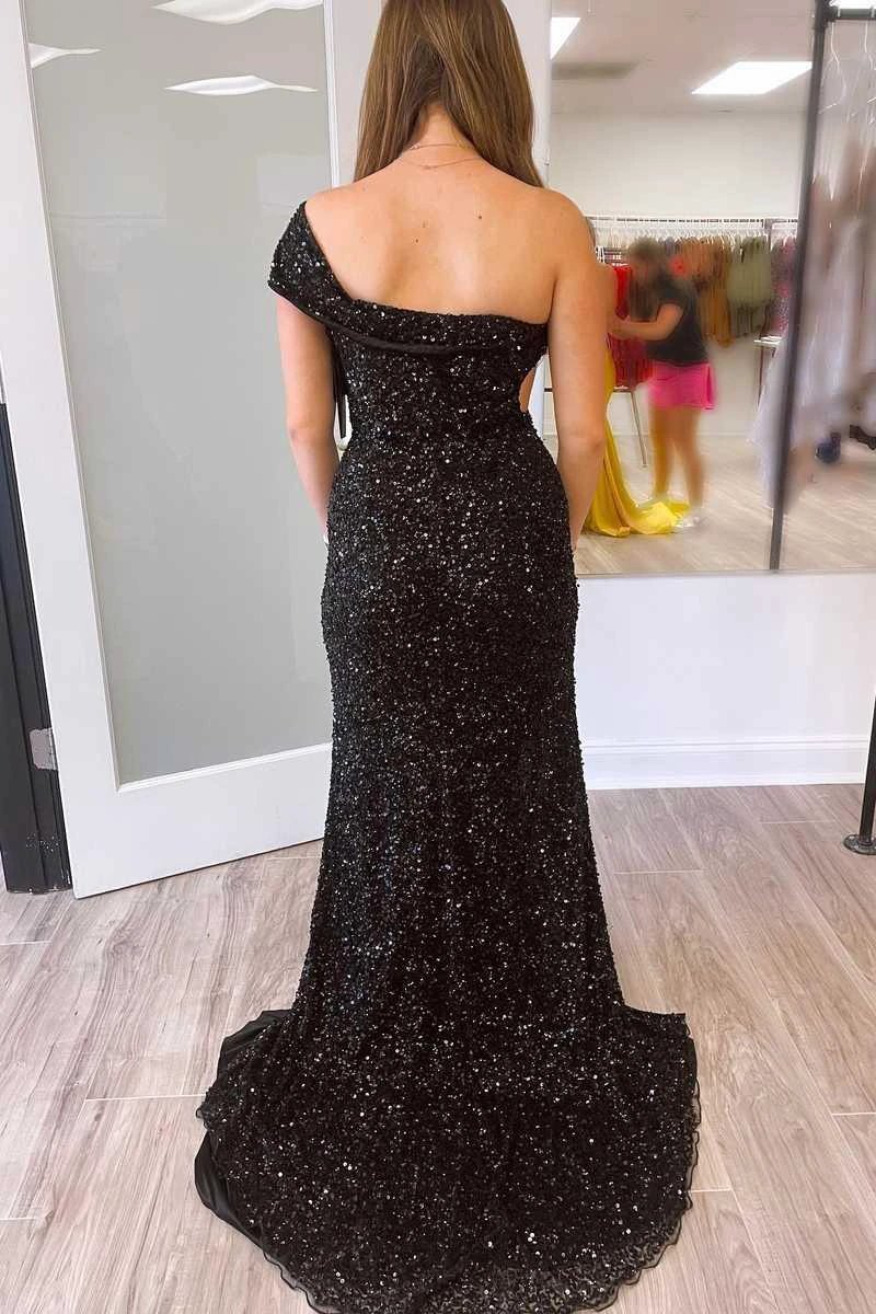 Black One Shoulder Cap Sleeve Sequined Long Party Dress SYP93 - Image 3