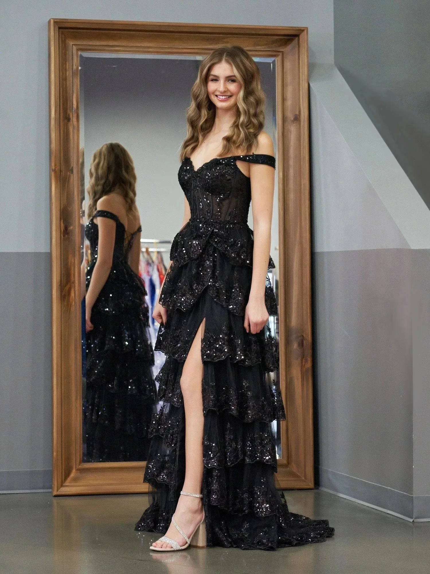 Black Princess A Line Off the Shoulder Corset Prom Dress with Lace Ruffles - Image 2