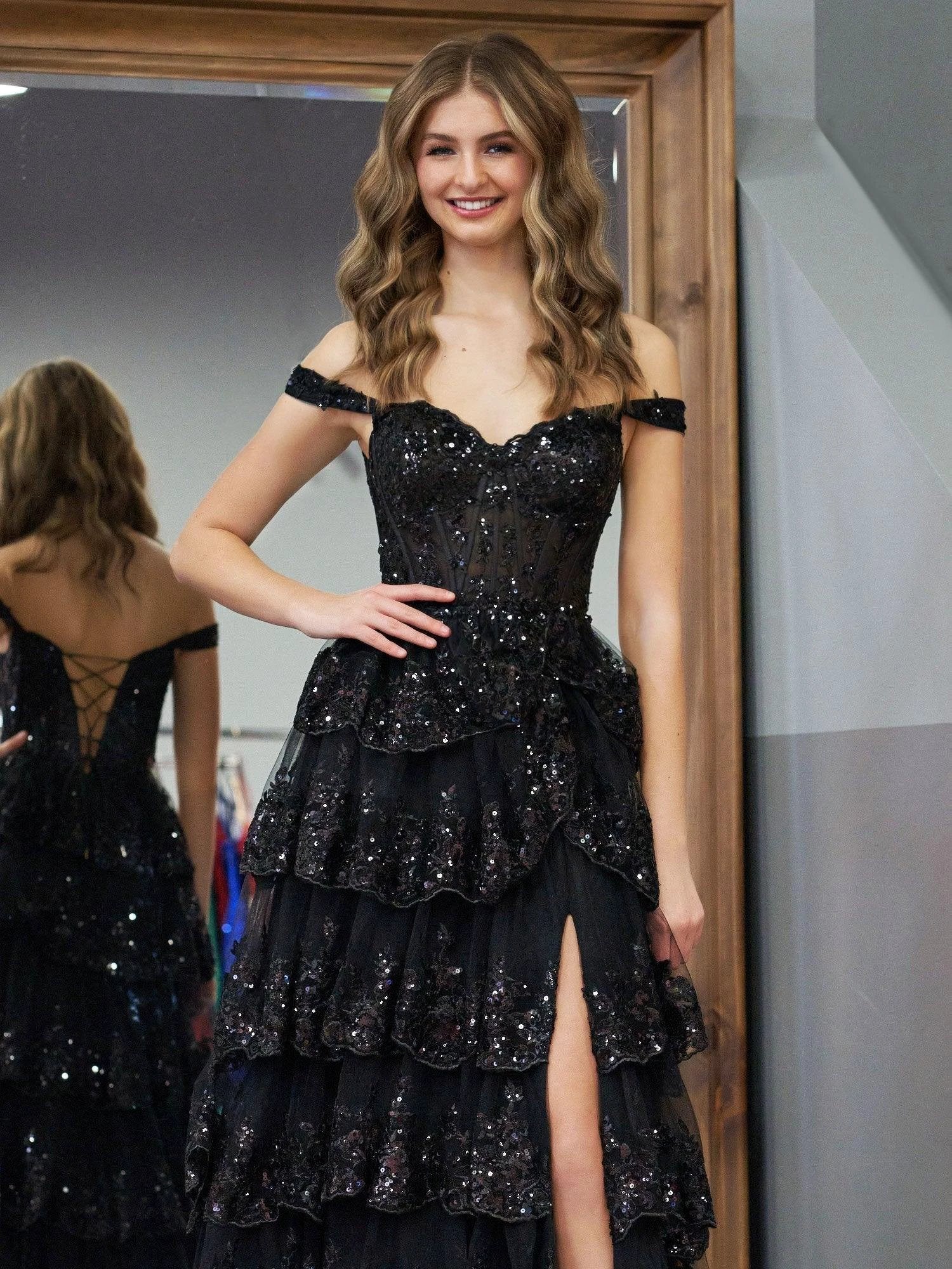 Black Princess A Line Off the Shoulder Corset Prom Dress with Lace Ruffles - Image 3