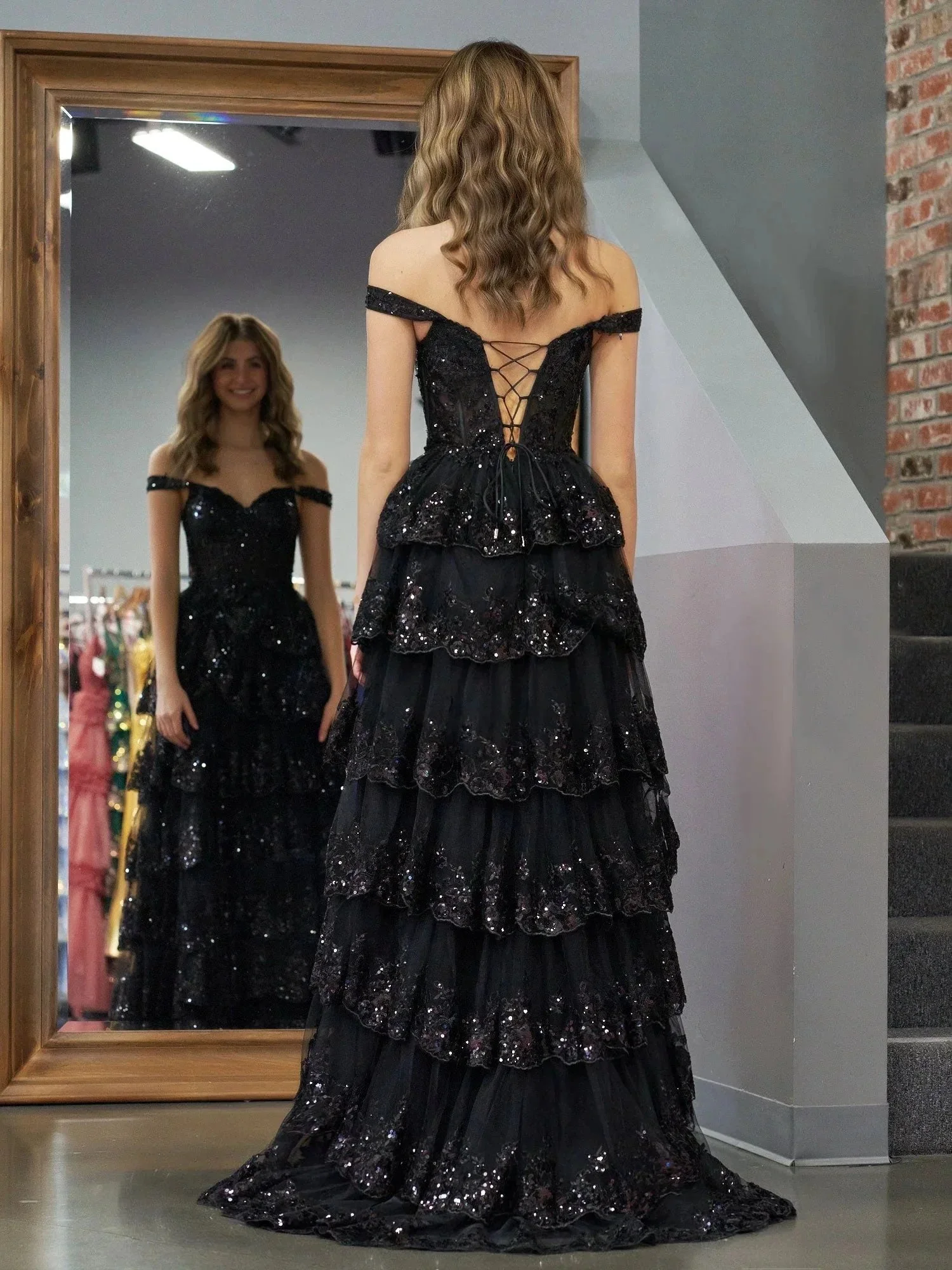 Black Princess A Line Off the Shoulder Corset Prom Dress with Lace Ruffles - Image 4