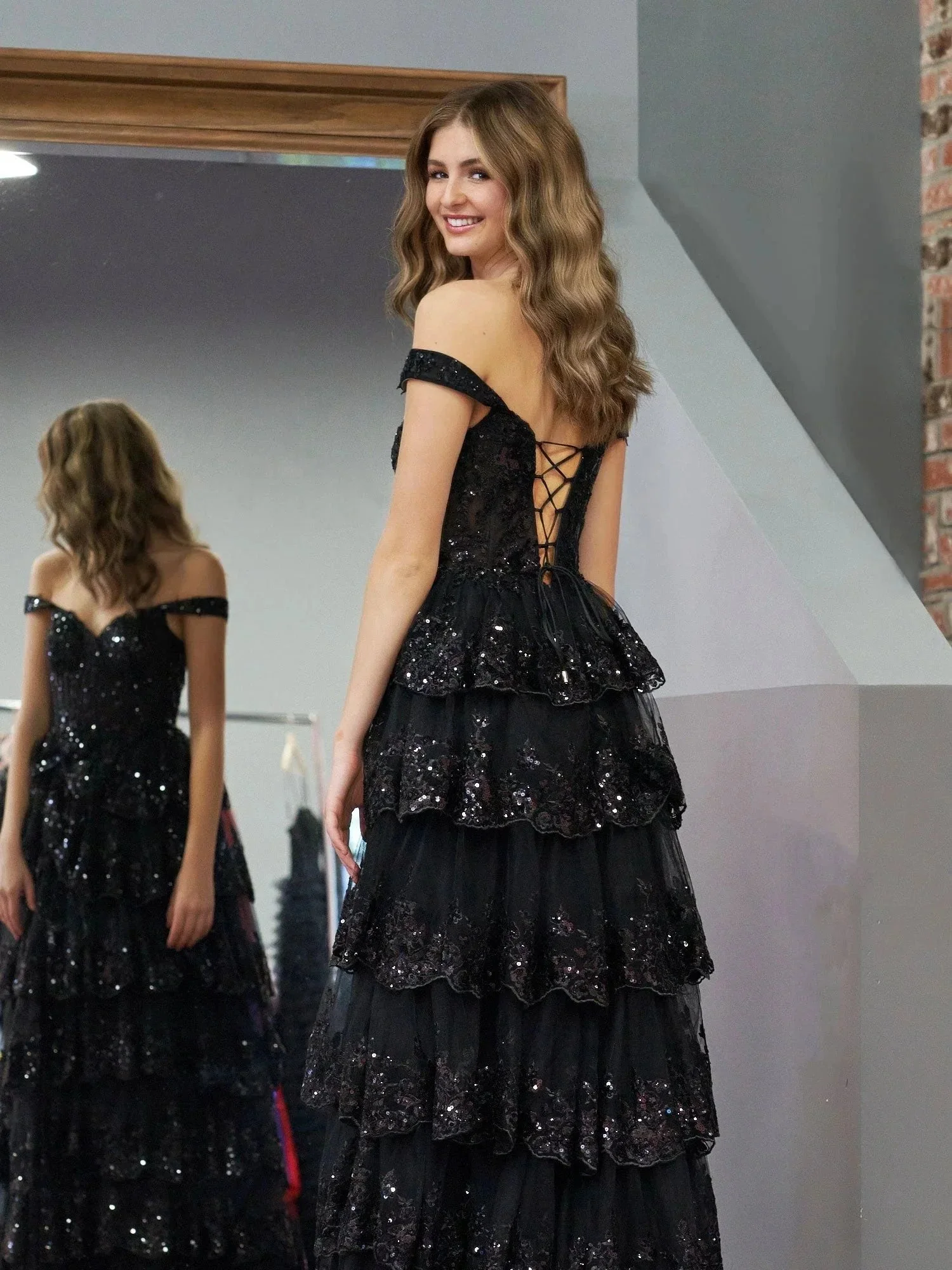 Black Princess A Line Off the Shoulder Corset Prom Dress with Lace Ruffles - Image 5