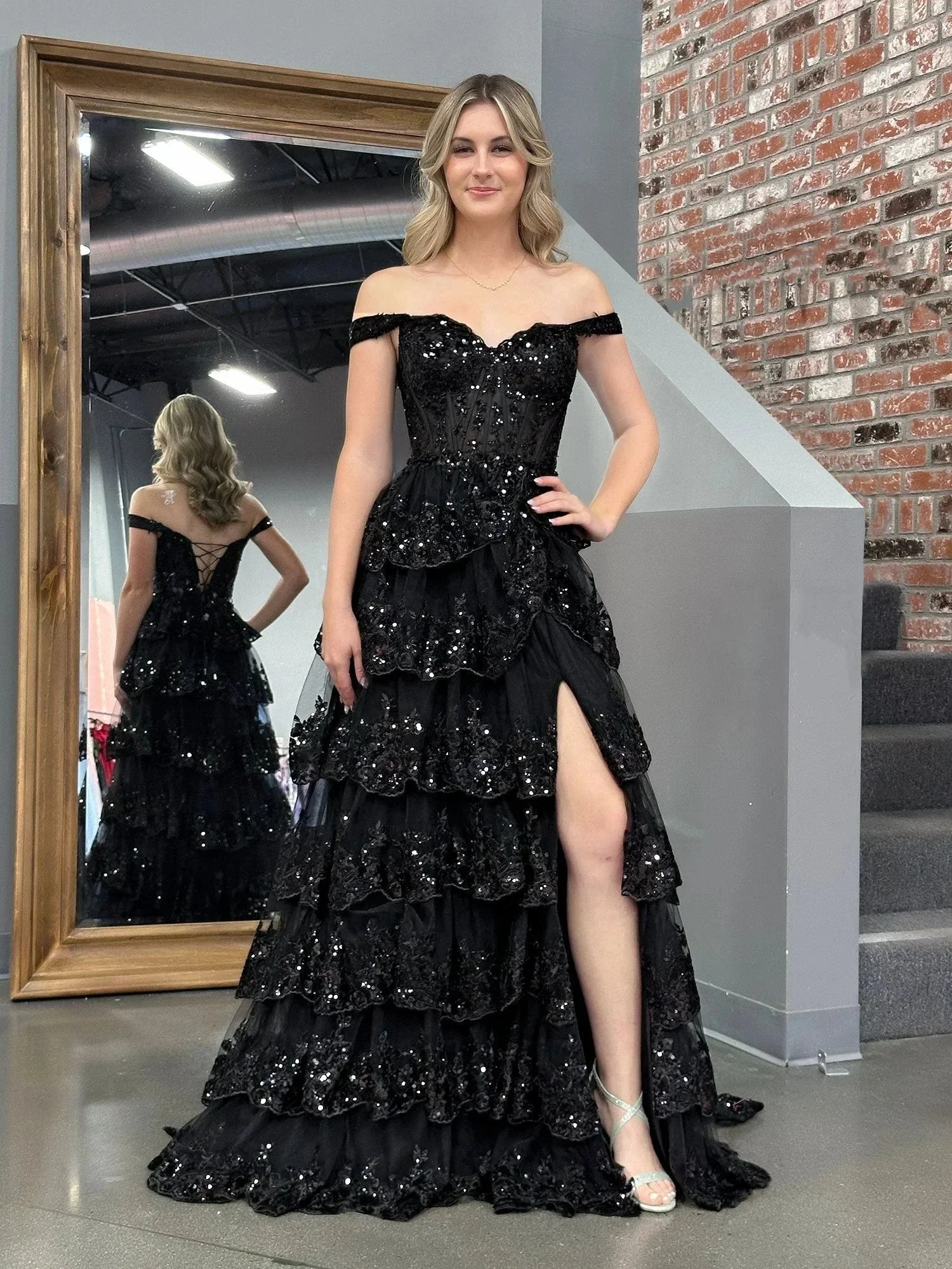 Black Princess A Line Off the Shoulder Corset Prom Dress with Lace Ruffles - Image 6