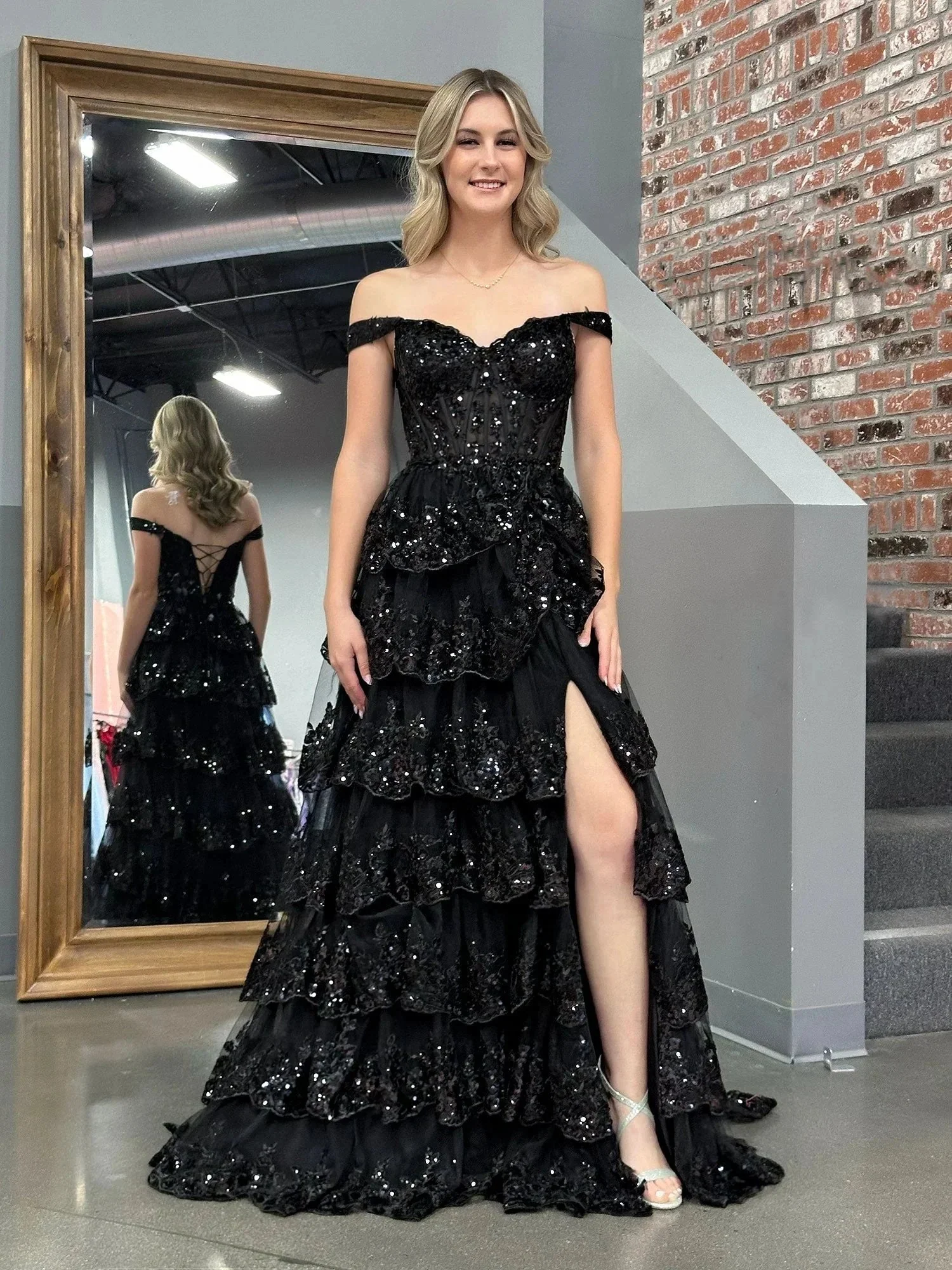 Black Princess A Line Off the Shoulder Corset Prom Dress with Lace Ruffles - Image 7