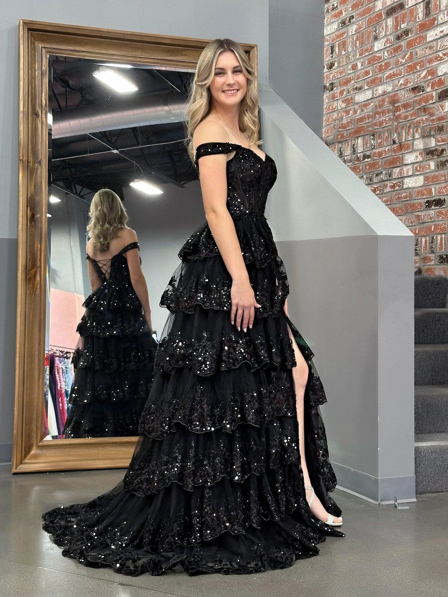 Black Princess A Line Off the Shoulder Corset Prom Dress with Lace Ruffles - Image 8