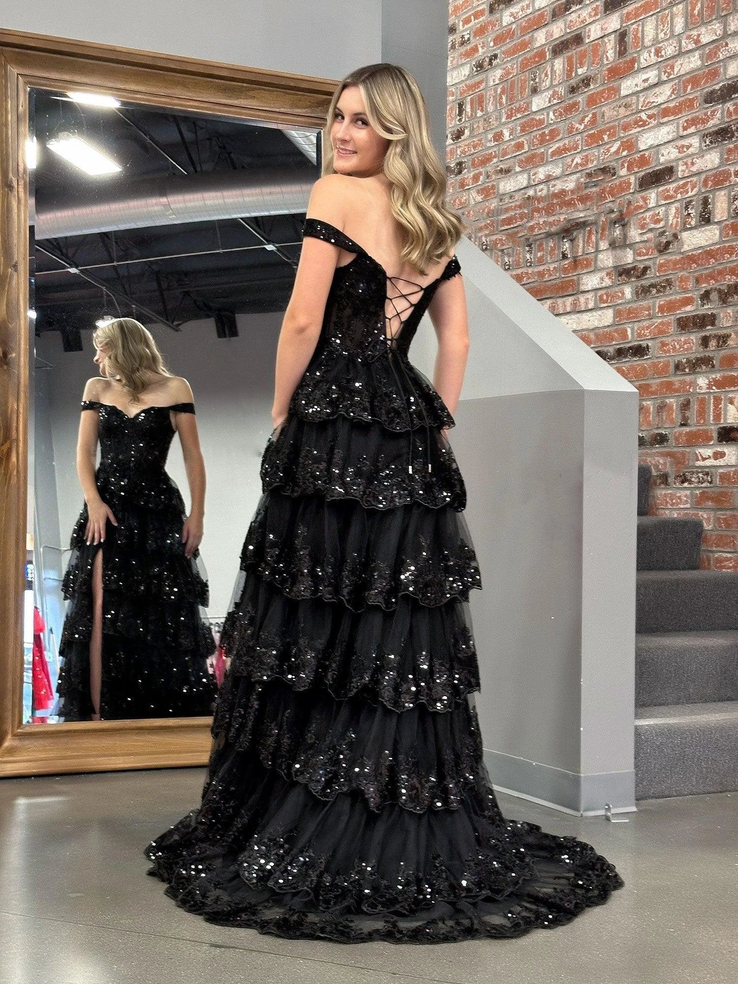 Black Princess A Line Off the Shoulder Corset Prom Dress with Lace Ruffles - Image 9
