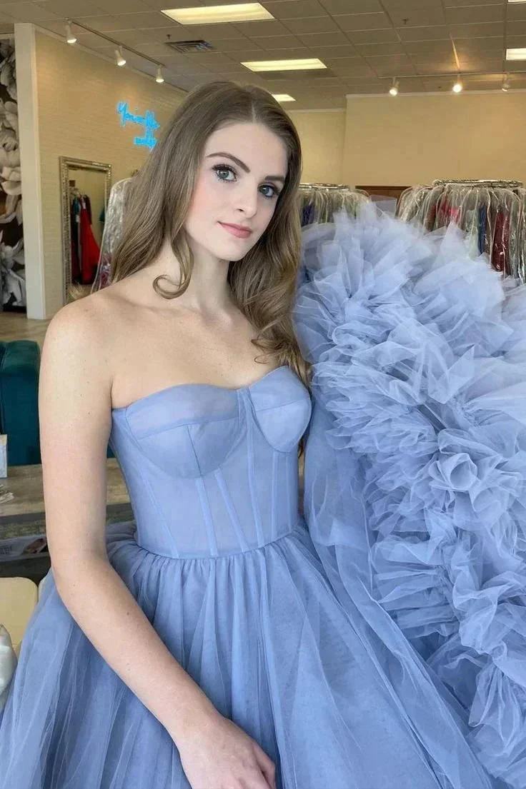Blue Strapless Tulle Long Formal Dresses SYP168 - Image 2