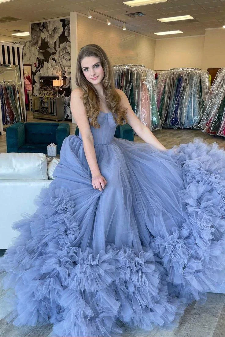 Blue Strapless Tulle Long Formal Dresses SYP168 - Image 3
