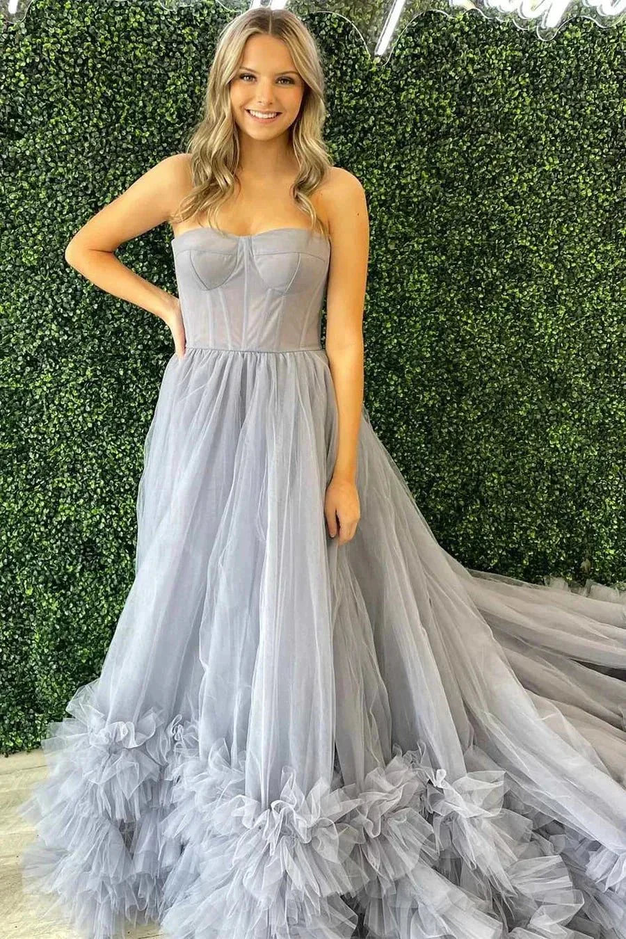Blue Strapless Tulle Long Formal Dresses SYP168 - Image 4