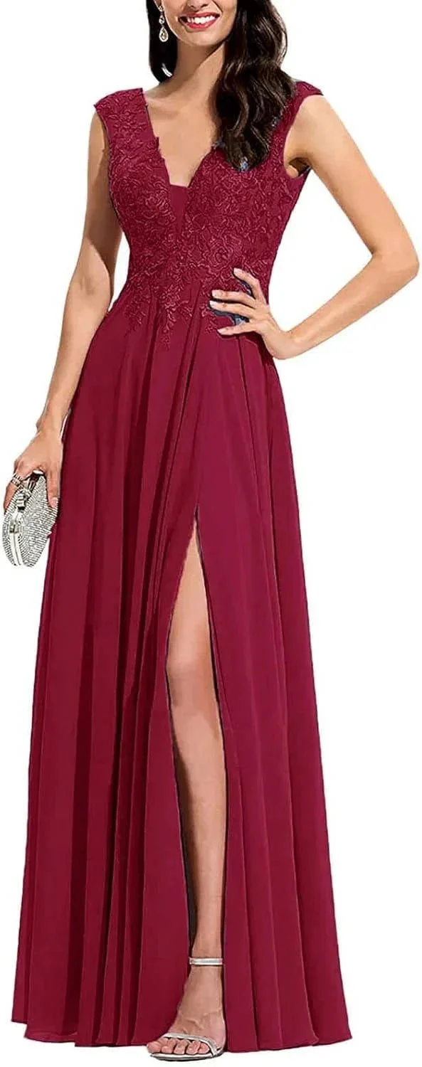 Chiffon Appliques Bridesmaid Dress Long V Neck Beaded Wedding Guest Gown with Split - Image 10