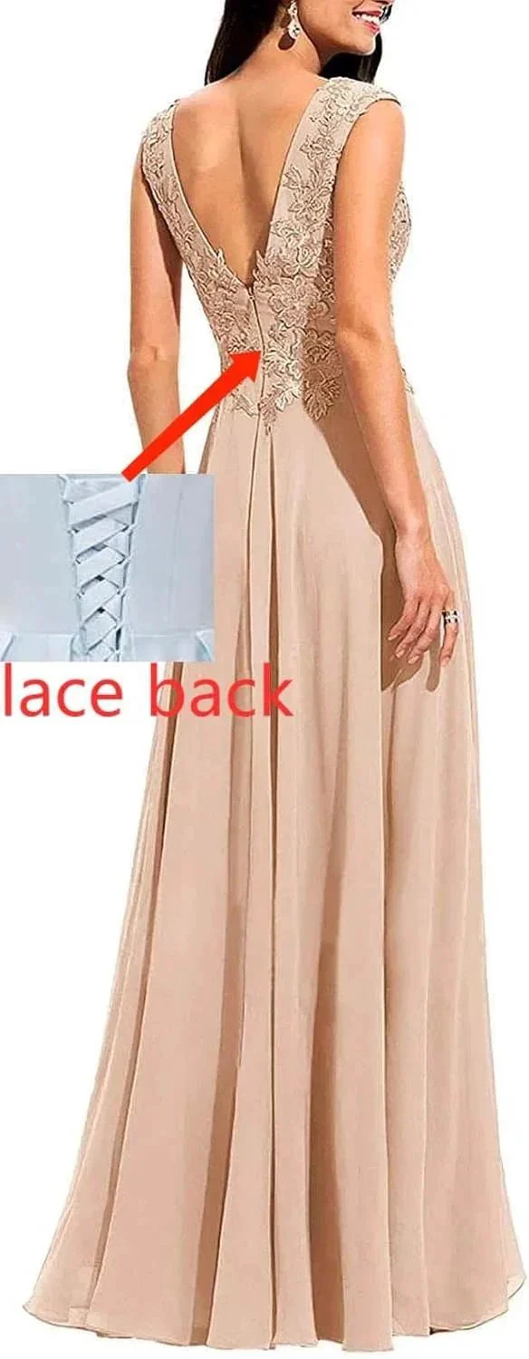 Chiffon Appliques Bridesmaid Dress Long V Neck Beaded Wedding Guest Gown with Split - Image 2