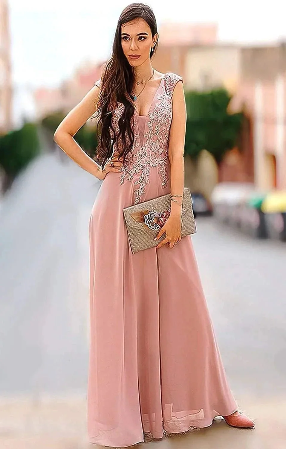 Chiffon Appliques Bridesmaid Dress Long V Neck Beaded Wedding Guest Gown with Split - Image 4