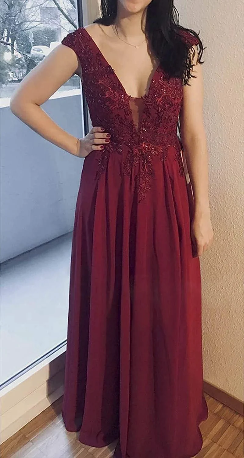 Chiffon Appliques Bridesmaid Dress Long V Neck Beaded Wedding Guest Gown with Split - Image 5