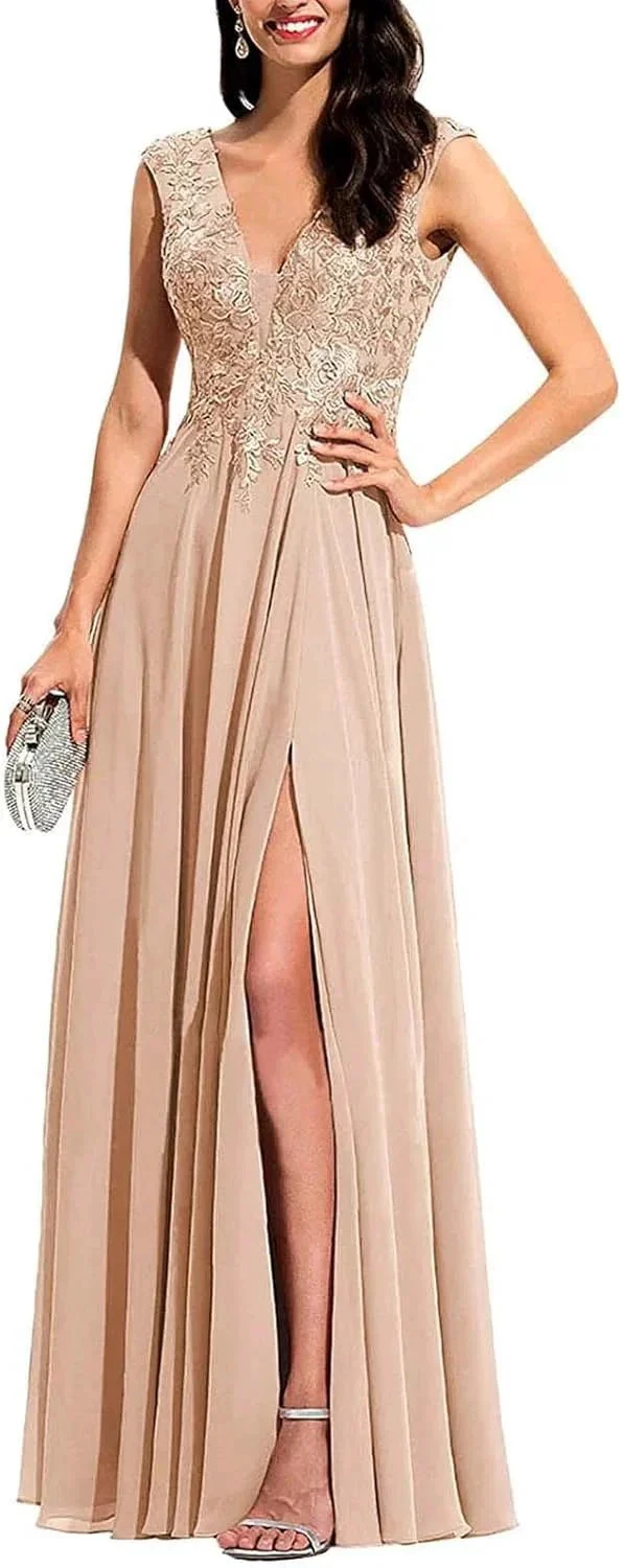 Chiffon Appliques Bridesmaid Dress Long V Neck Beaded Wedding Guest Gown with Split - Image 6