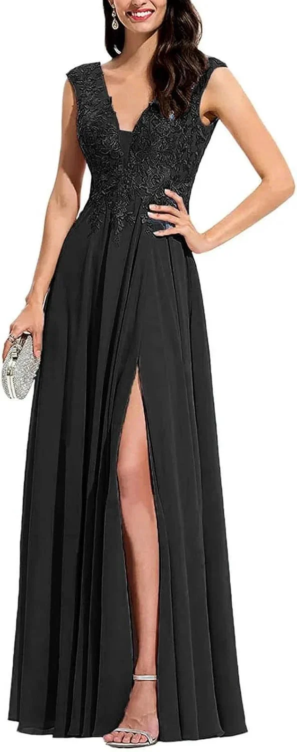 Chiffon Appliques Bridesmaid Dress Long V Neck Beaded Wedding Guest Gown with Split - Image 7