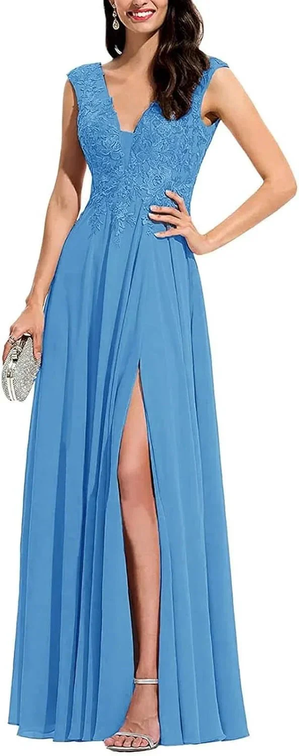 Chiffon Appliques Bridesmaid Dress Long V Neck Beaded Wedding Guest Gown with Split - Image 8