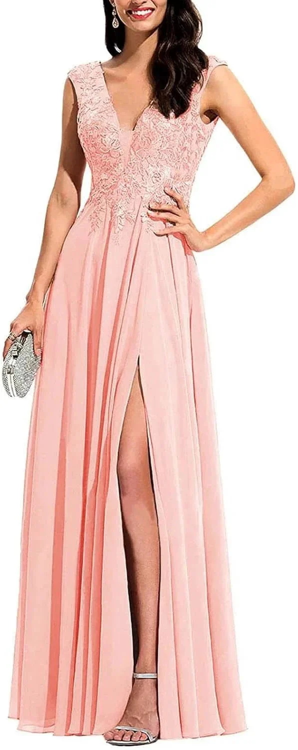 Chiffon Appliques Bridesmaid Dress Long V Neck Beaded Wedding Guest Gown with Split - Image 9