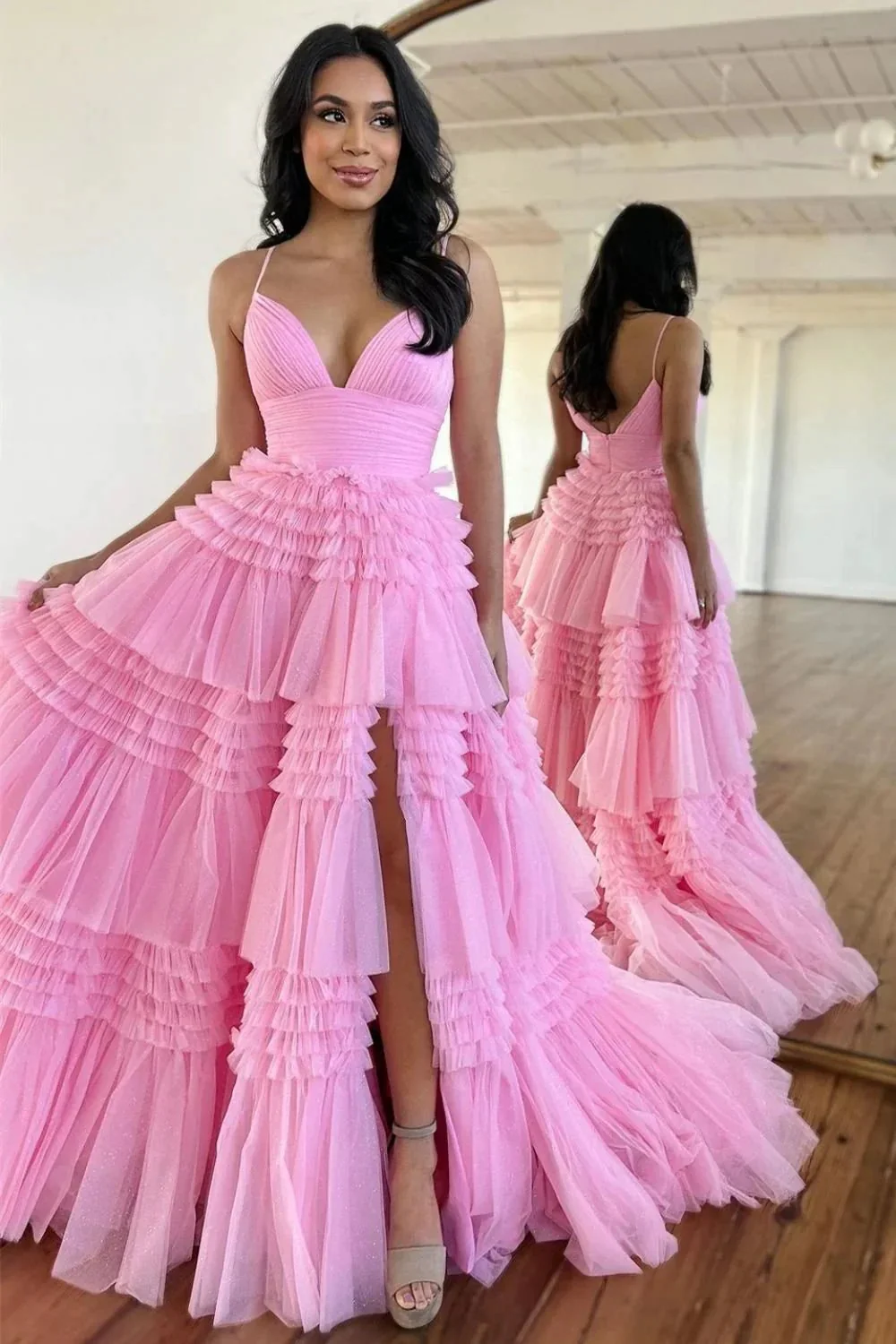 Amanda| A-Line Spaghetti Straps Long Tiered Tulle Prom Dress With Split - Image 3