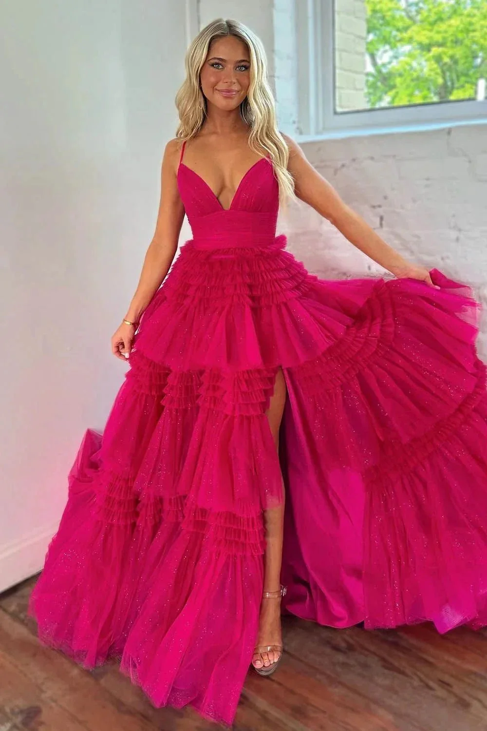 Amanda| A-Line Spaghetti Straps Long Tiered Tulle Prom Dress With Split - Image 4