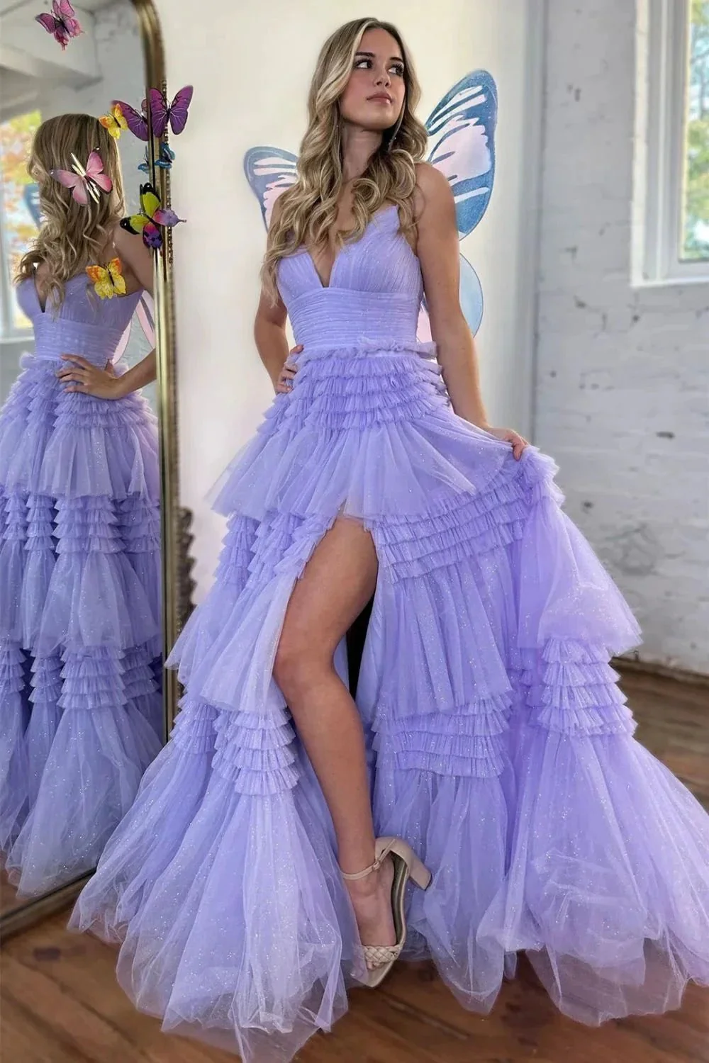 Amanda| A-Line Spaghetti Straps Long Tiered Tulle Prom Dress With Split - Image 5