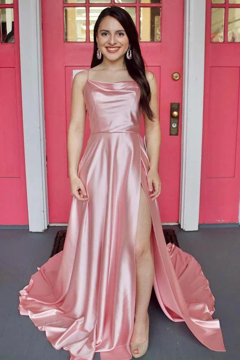 Cowl Neck Satin Formal Dress With Slit SYP122 - Image 3
