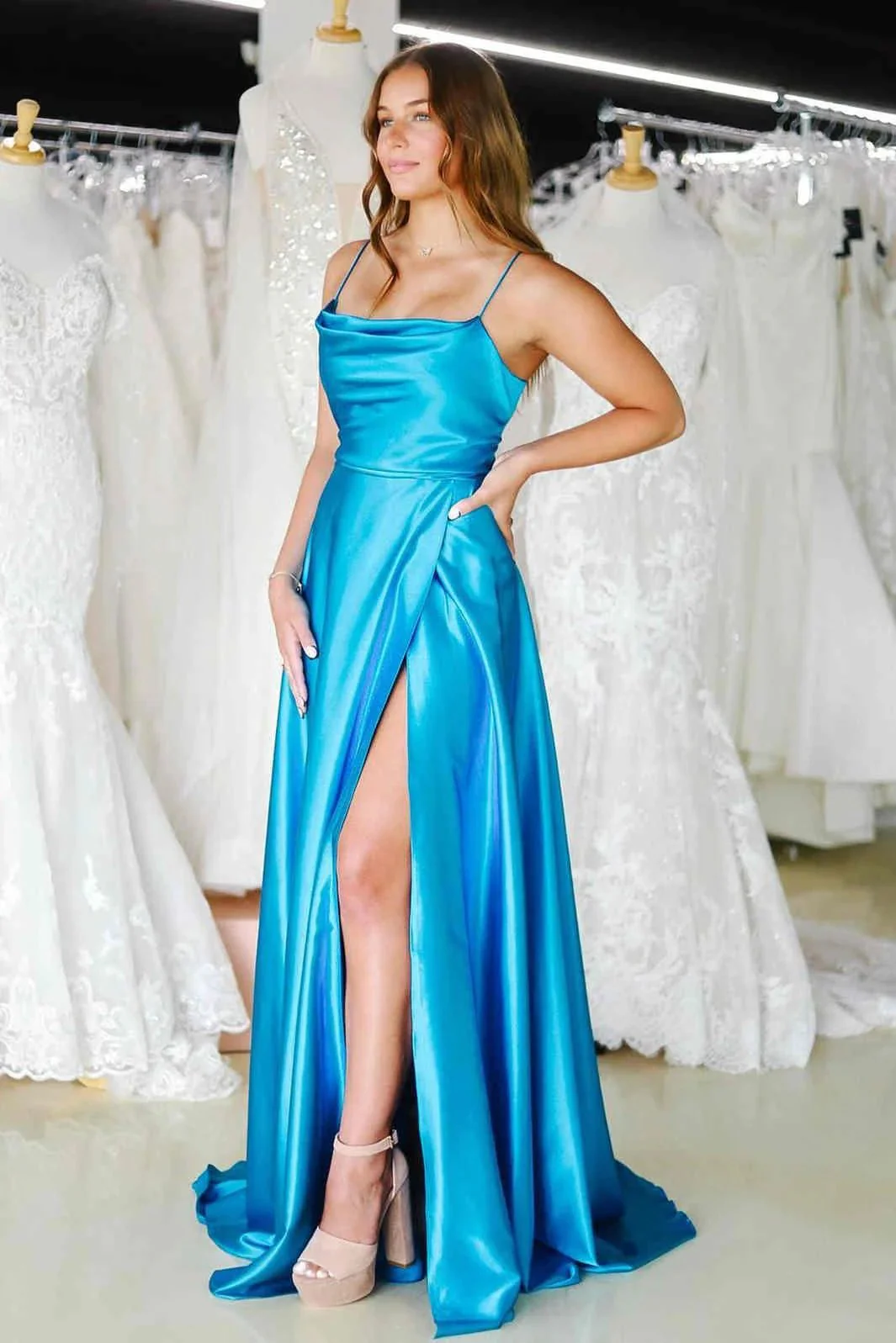 Cowl Neck Satin Formal Dress With Slit SYP122 - Image 4