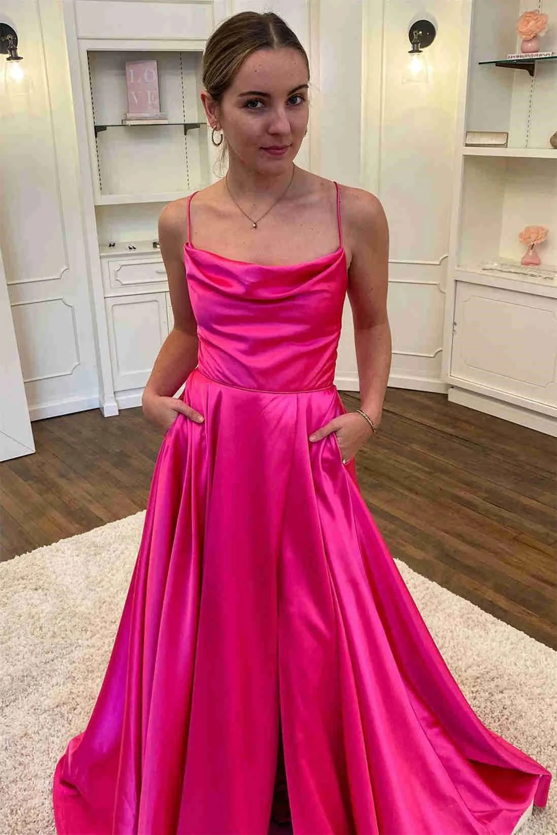 Cowl Neck Satin Formal Dress With Slit SYP122 - Image 6