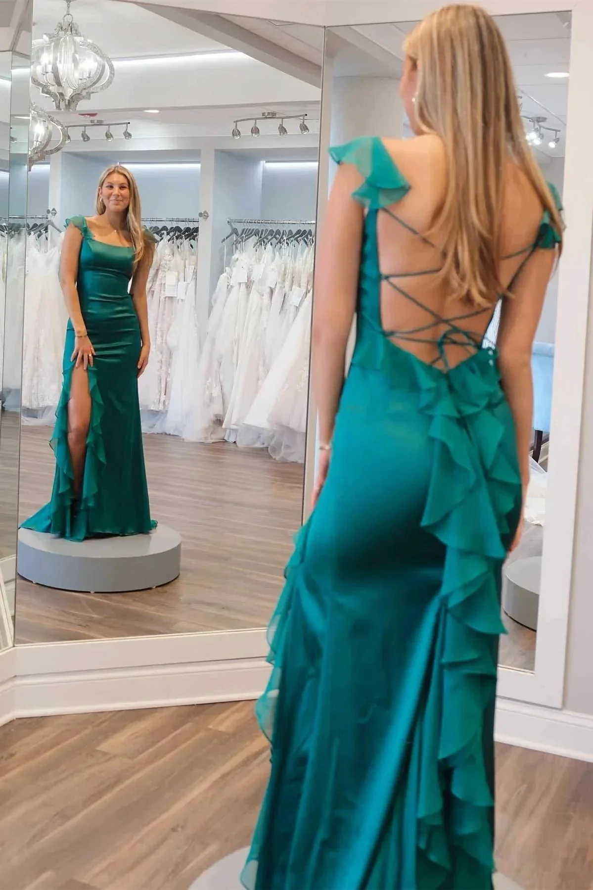 Ailani | Emerald Green Square Neck Ruffle Slit Prom Dress - Image 3