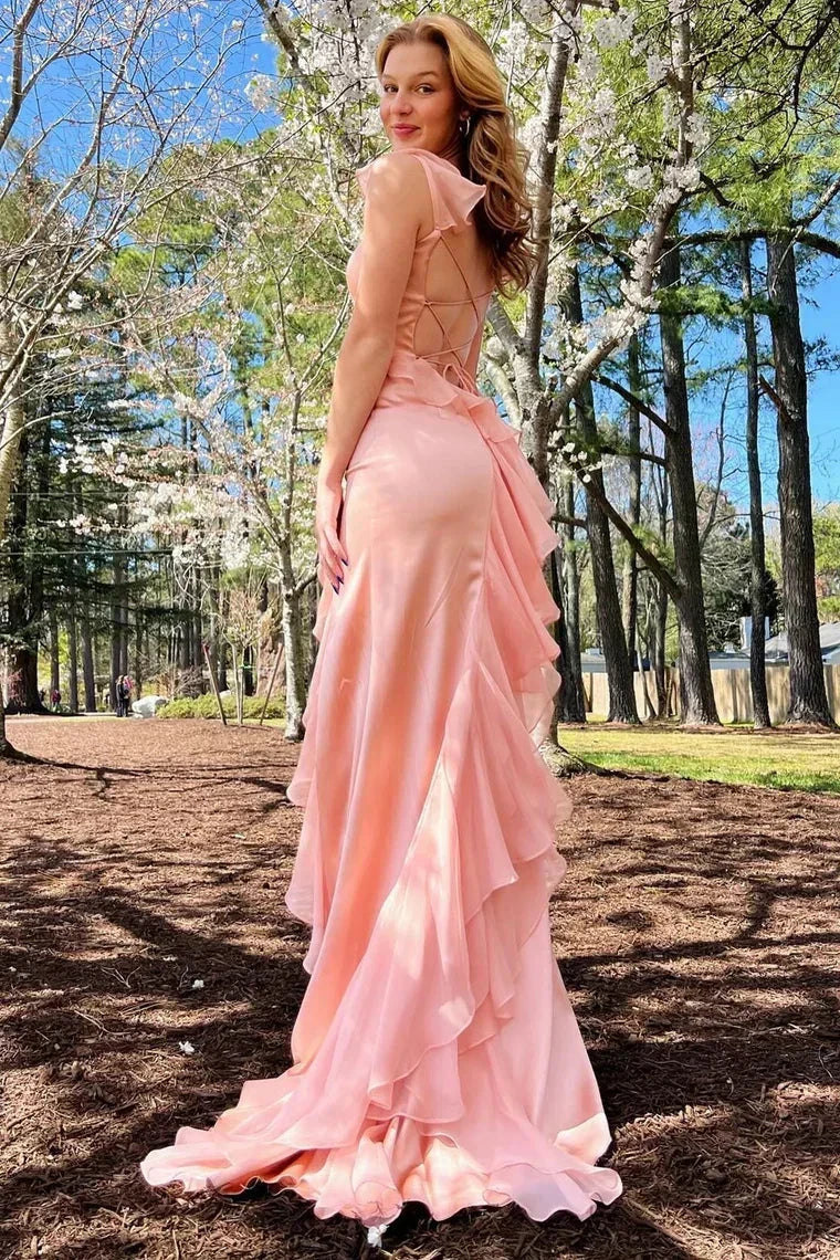 Ailani | Emerald Green Square Neck Ruffle Slit Prom Dress - Image 6