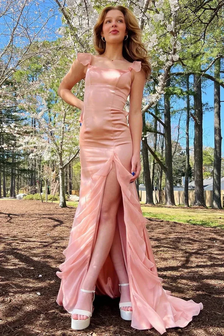 Ailani | Emerald Green Square Neck Ruffle Slit Prom Dress - Image 7