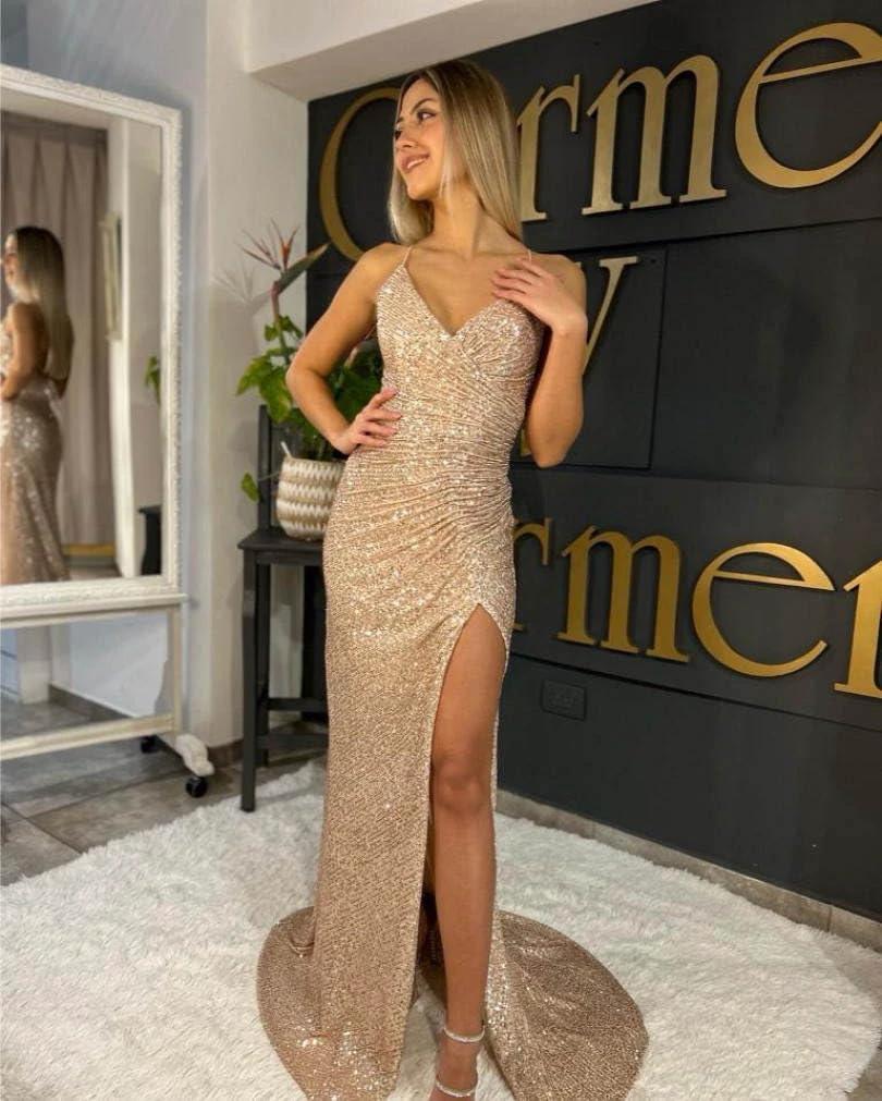 Glitter Evening Gown Sparkly Prom Dress With Slit - Image 4