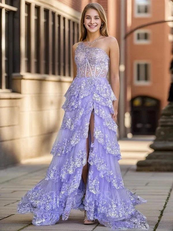 Gold Tulle Sequin One-Shoulder Ruffle Corset Prom Dress with Slit SYP173 - Image 2