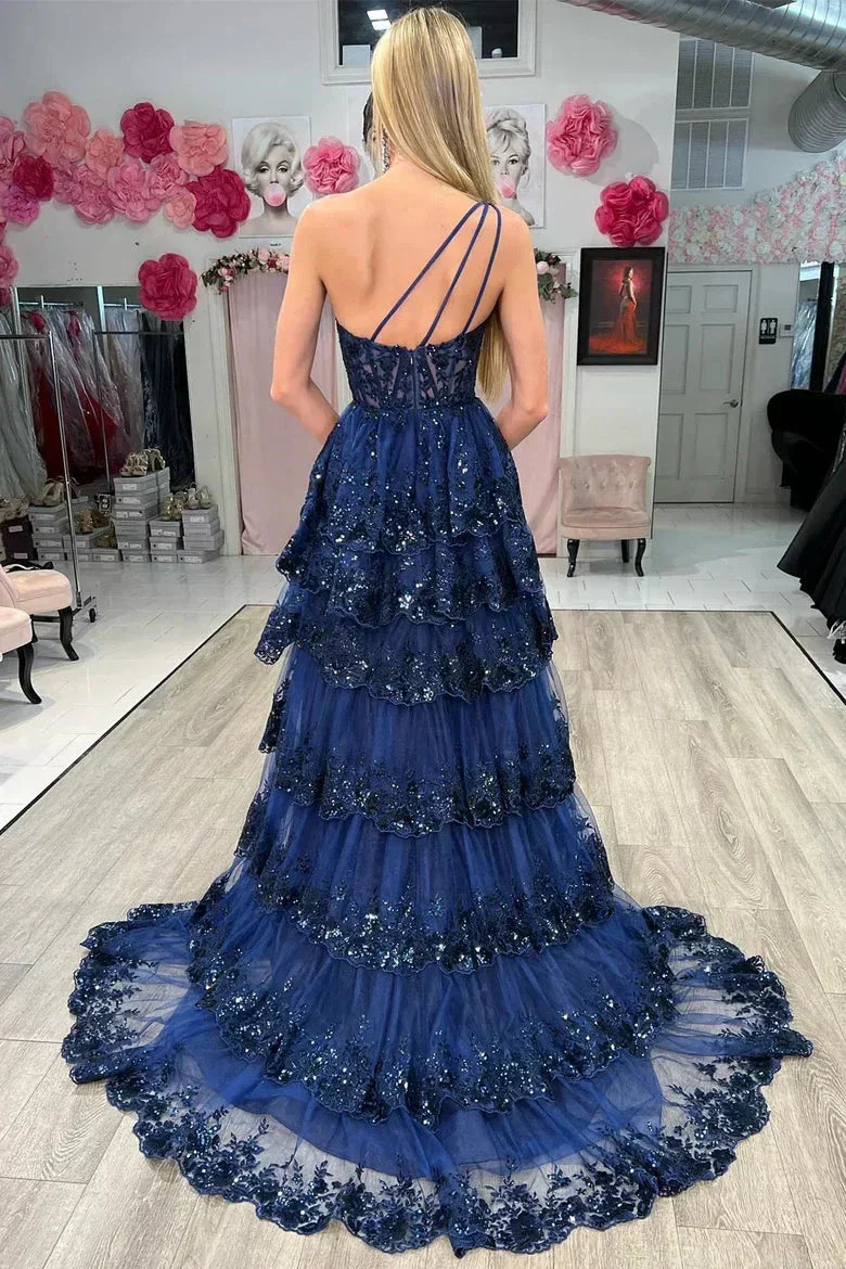 Gold Tulle Sequin One-Shoulder Ruffle Corset Prom Dress with Slit SYP173 - Image 4