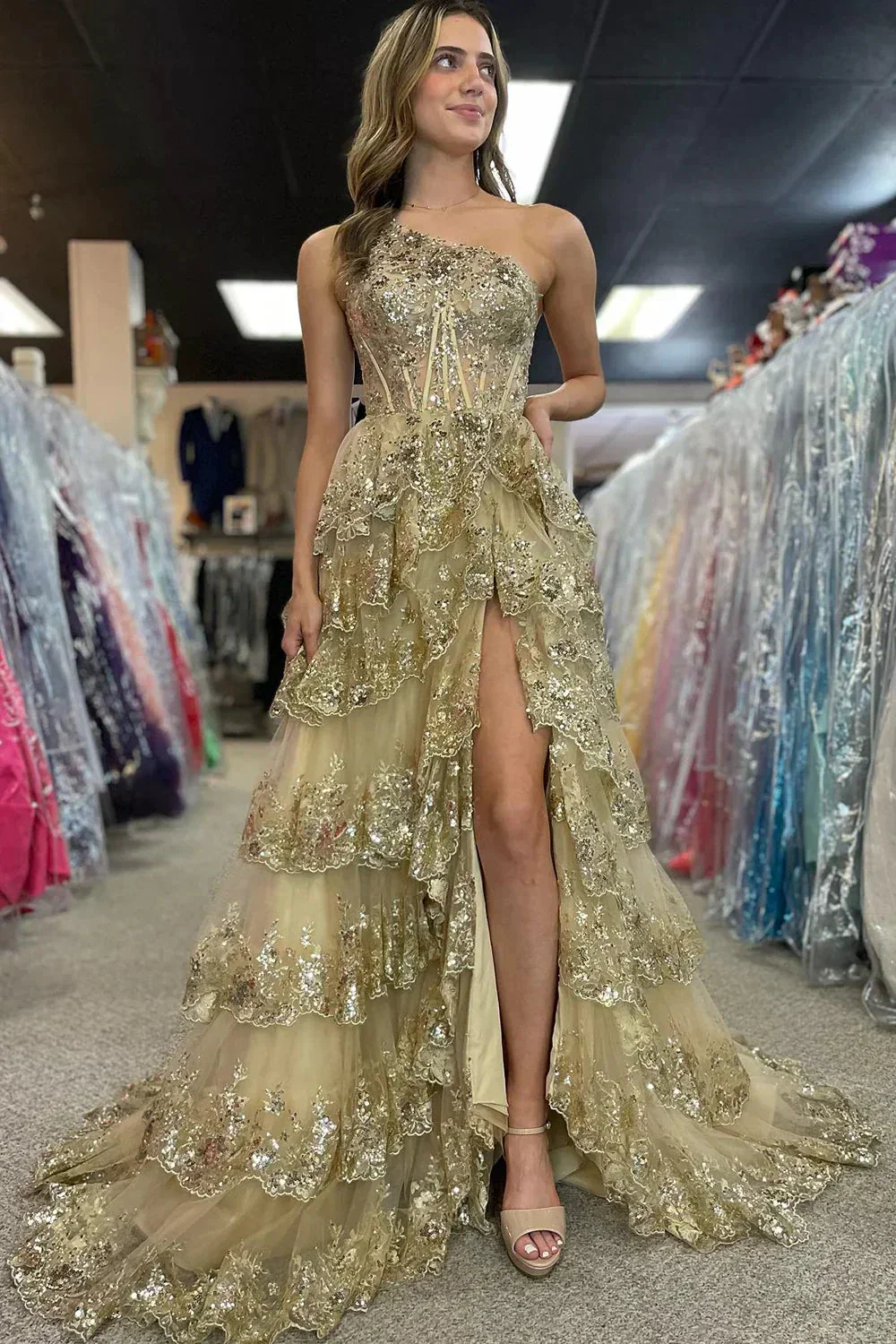Gold Tulle Sequin One-Shoulder Ruffle Corset Prom Dress with Slit SYP173 - Image 5