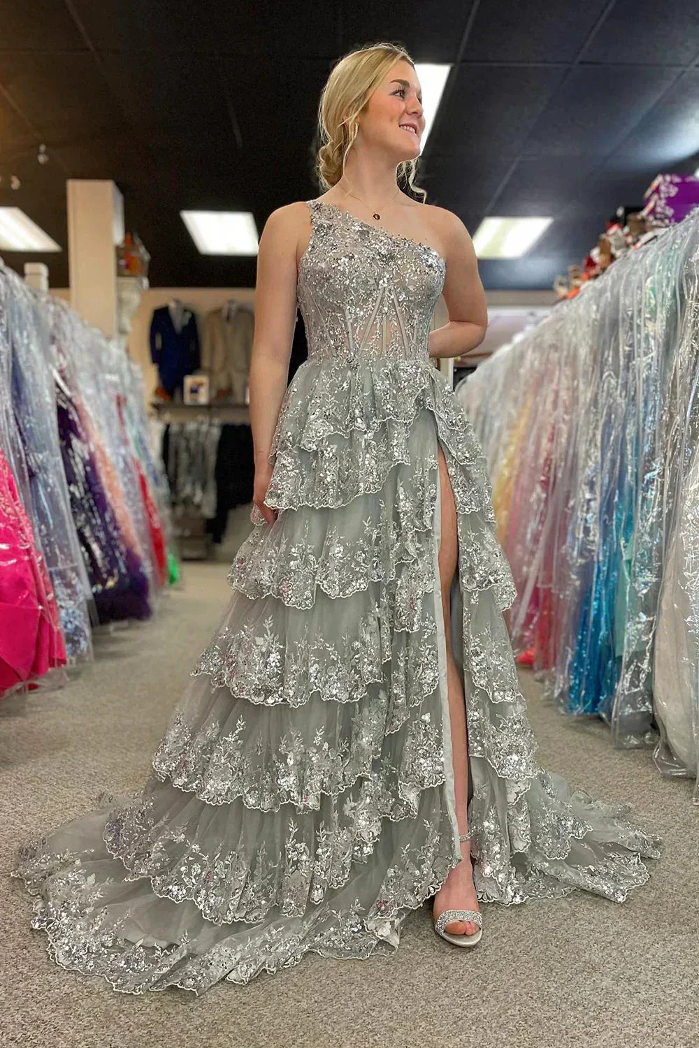 Gold Tulle Sequin One-Shoulder Ruffle Corset Prom Dress with Slit SYP173 - Image 6