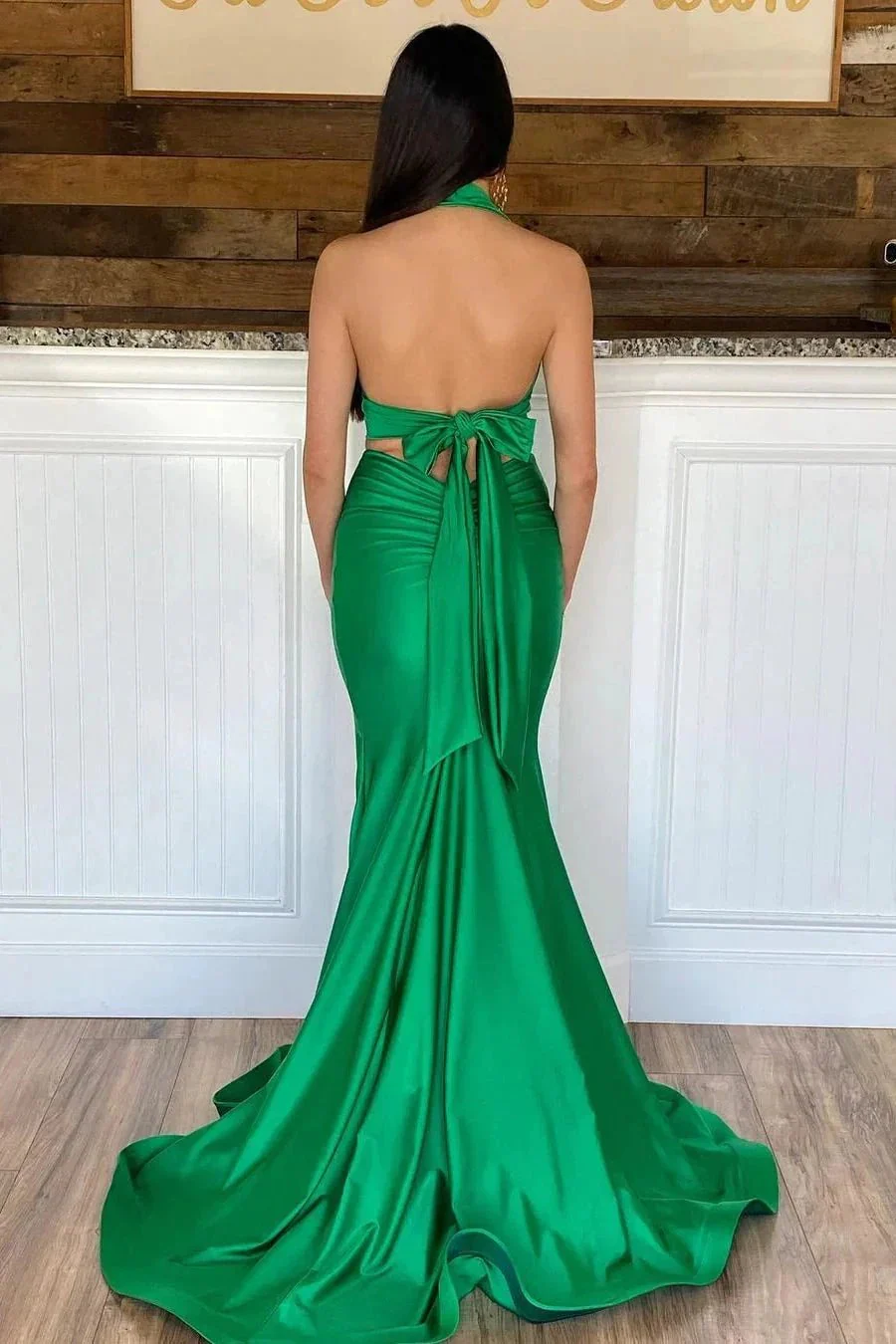 Green Halter Mermaid Prom Gown With Slit SYP166 - Image 2