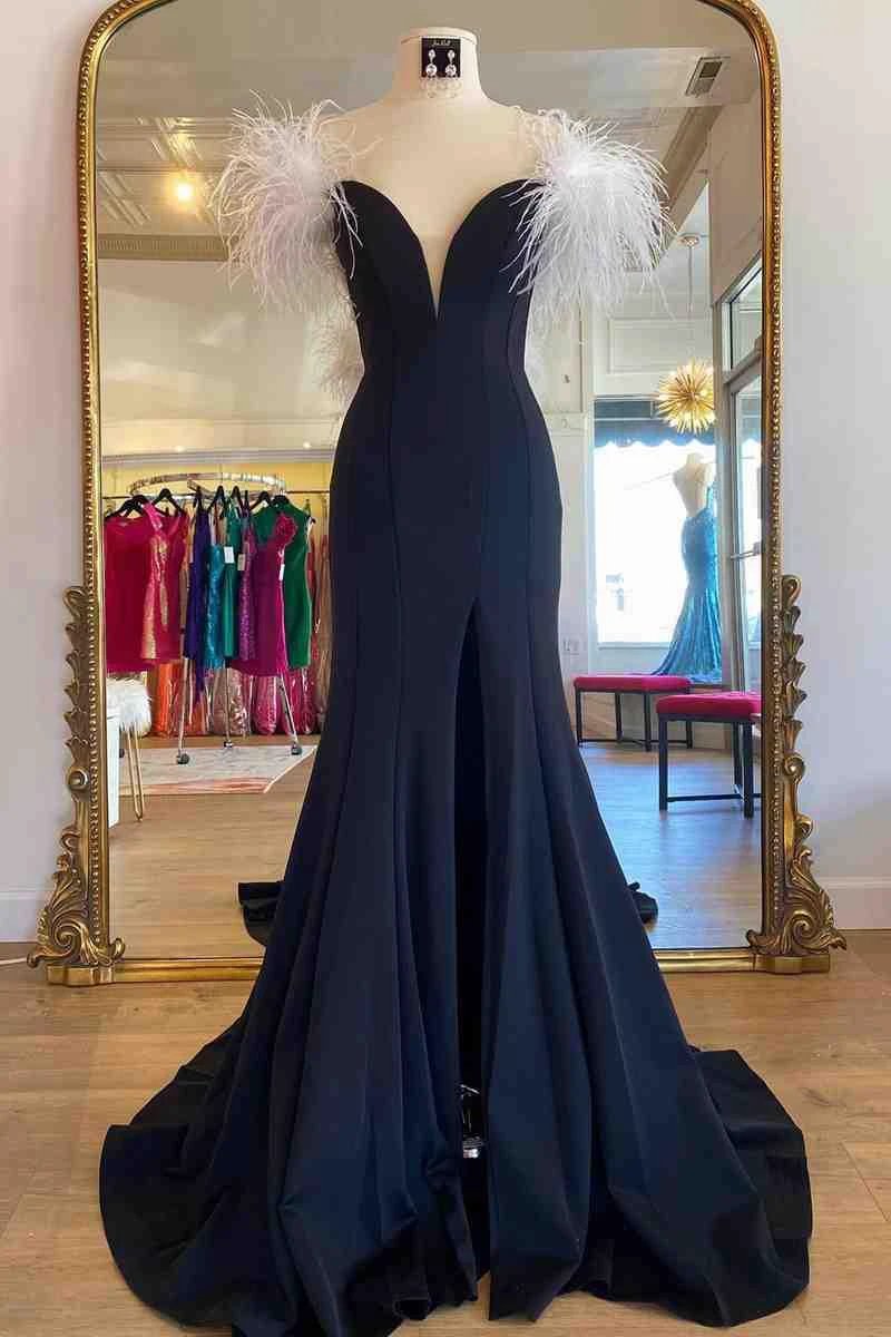 High Slit Prom Dress With White Feather SYP117 - Image 2