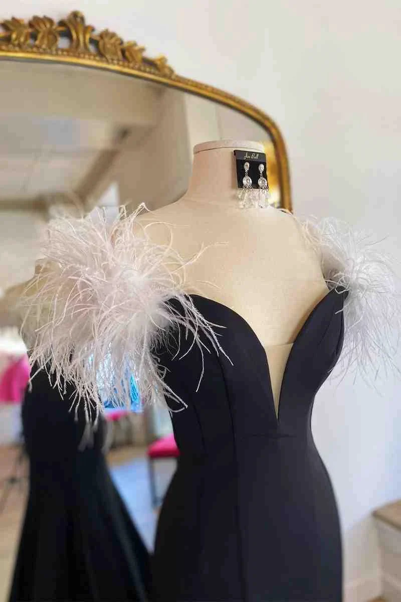High Slit Prom Dress With White Feather SYP117 - Image 3