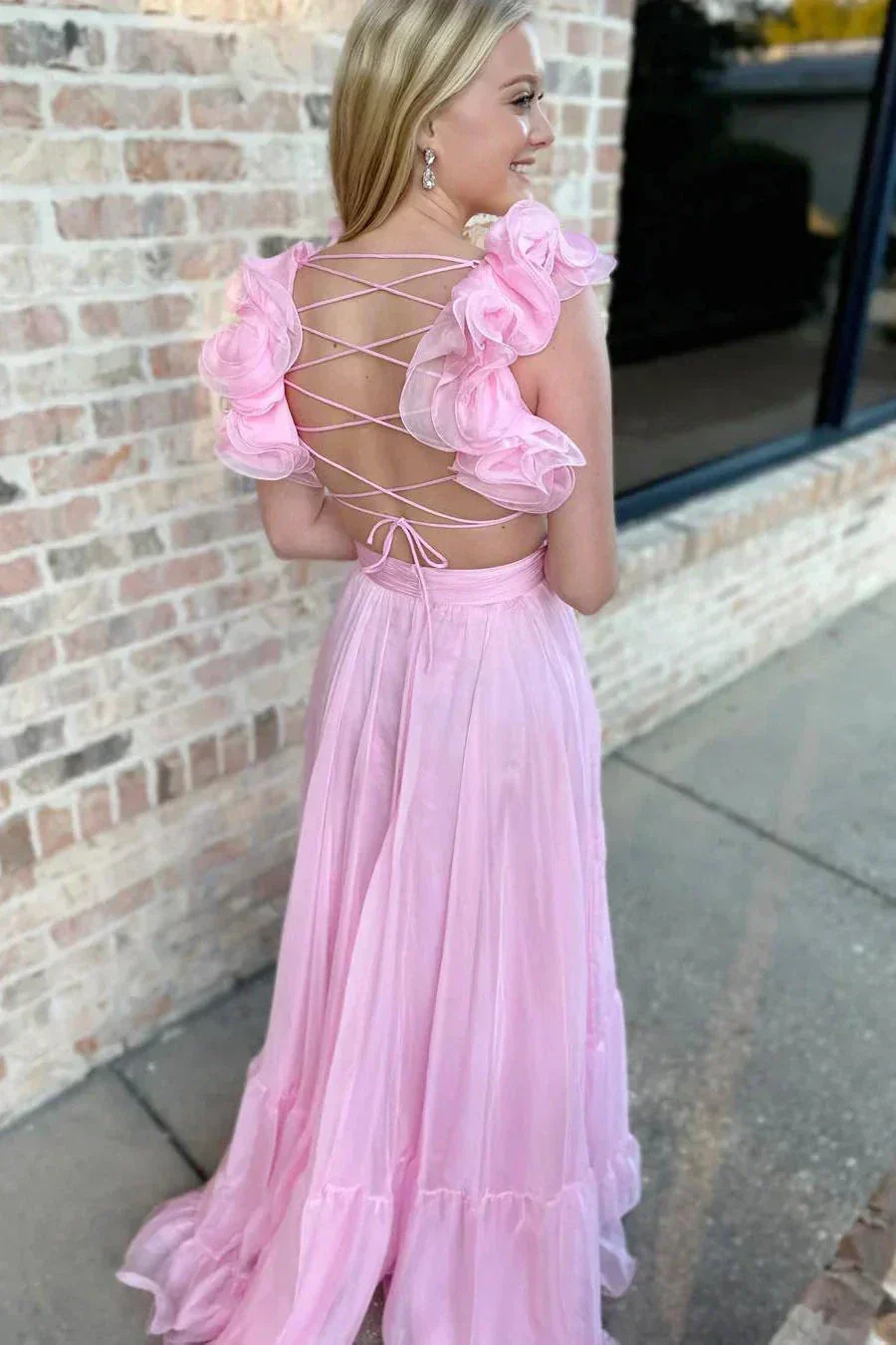 Lace-Up V-Neck Ruffle Pleated Long Prom Dress SYP180 - Image 9