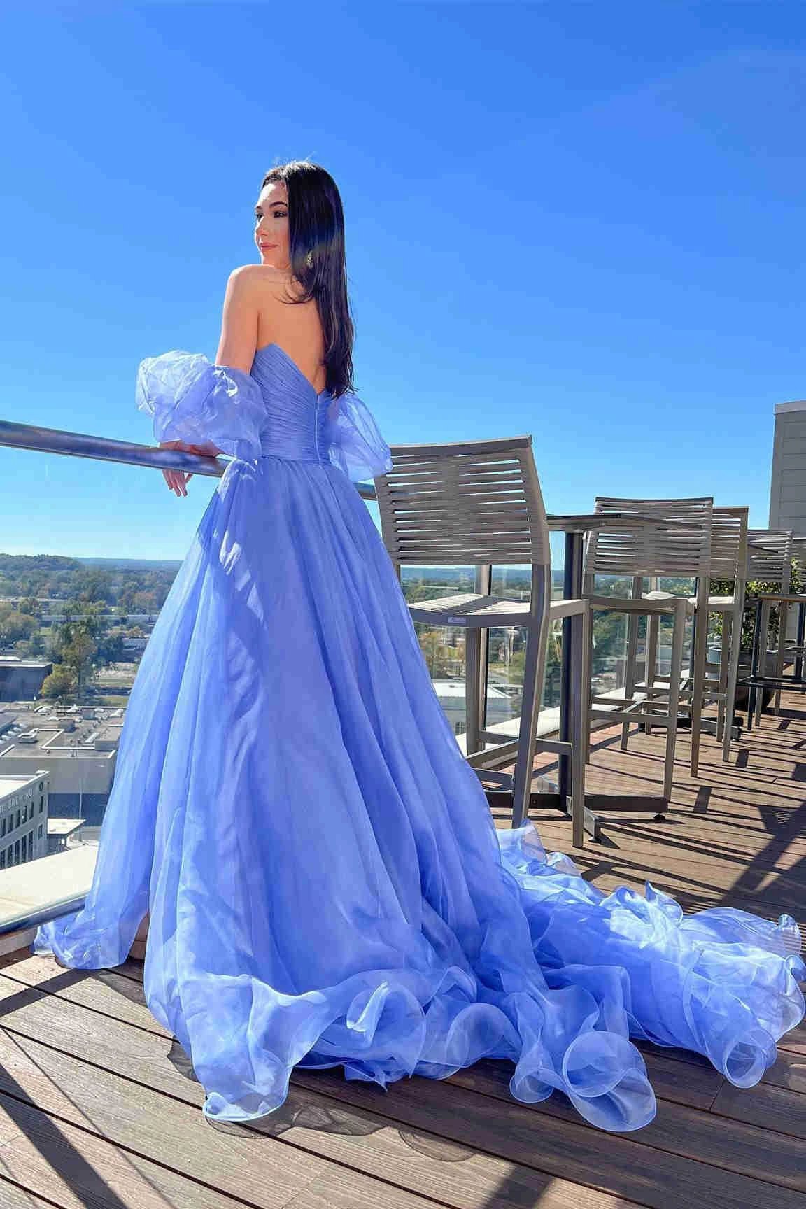 Lavender Puff Sleeves Prom Dress Pleated SYP152 - Image 2