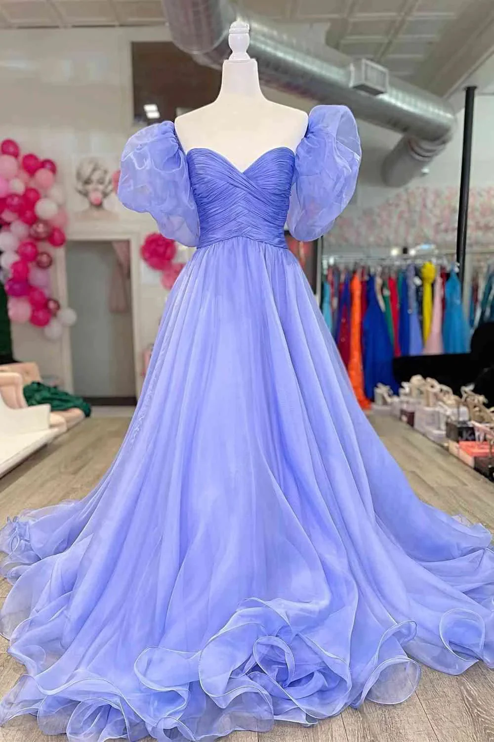Lavender Puff Sleeves Prom Dress Pleated SYP152 - Image 3