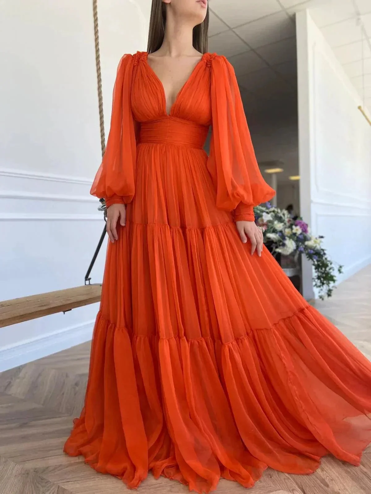 Long Prom Dress Puffy Sleeve Formal Gowns SYP25 - Image 4