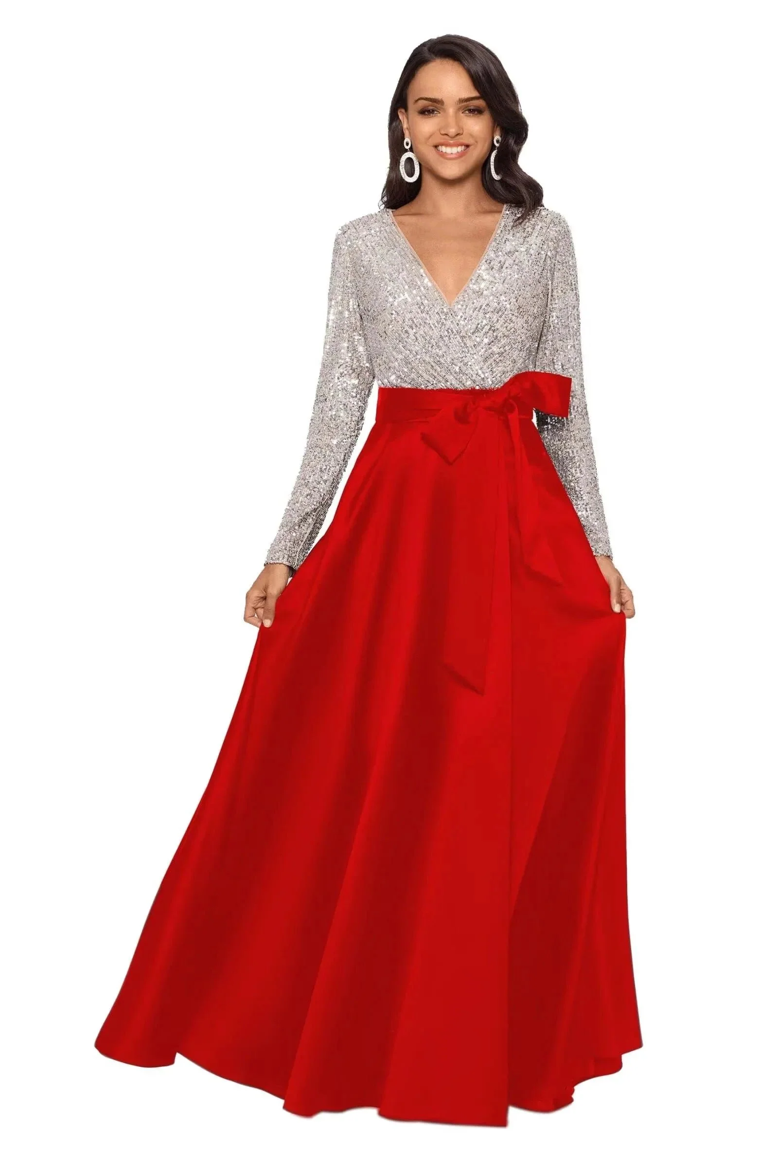 Long Sleeve Bow Dress Sequin Top Gown With A Bow - Image 4